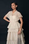 Shop_The Right Cut_Cream Embroidery V-neck, Collared Chanderi Ruffled Maxi Dress _Online_at_Aza_Fashions