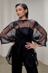 Buy_The Right Cut_Black Organza Embroidery Boat Neck Overlay Top _at_Aza_Fashions