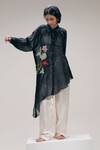 The Right Cut_Black Chanderi Embroidery, Metallic Thread Collared Floral Asymmetric Shirt _Online_at_Aza_Fashions