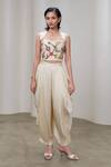 Shop_The Right Cut_Cream Silk Embroidery, Beads Sweetheart Neck Fleur Floral Crop Top 