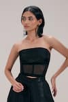 Buy_The Right Cut_Black Satin, Organza Bandeau Neck Midline Corset Style Strapless Crop Top _at_Aza_Fashions