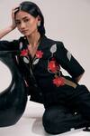 Buy_The Right Cut_Black Silk Embroidery, Sequins, Zari Collared, V-neck Floral Shirt 
