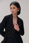 The Right Cut_Black Silk Sequins, Beads V-neck Embroidered Lapel Jacket _at_Aza_Fashions