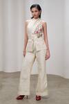 Shop_The Right Cut_Cream Silk Embroidery, Beads Halter Neck Floral Top _at_Aza_Fashions