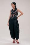 The Right Cut_Black Chanderi Embroidery Split V-neck, Collared Eden Waist Blouse _Online_at_Aza_Fashions