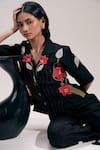 Buy_The Right Cut_Black Silk Embroidery Collared, V-neck Floral Shirt And Pant Set 