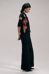Shop_The Right Cut_Black Silk Embroidery Collared, V-neck Floral Shirt And Pant Set 