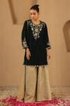Buy_Nero India_Emerald Green Velvet, Tissue Zari, Embroidery Round Floral Kurta Sharara Set _Online_at_Aza_Fashions