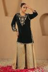 Nero India_Emerald Green Velvet, Tissue Zari, Embroidery Round Floral Kurta Sharara Set _at_Aza_Fashions