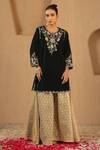 Shop_Nero India_Emerald Green Velvet, Tissue Zari, Embroidery Round Floral Kurta Sharara Set 