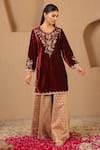 Buy_Nero India_Maroon Velvet, Tissue Zari, Applique, Embroidery Floral Kurta Sharara Set 