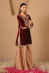 Shop_Nero India_Maroon Velvet, Tissue Zari, Applique, Embroidery Floral Kurta Sharara Set 