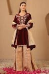 Nero India_Maroon Velvet, Tissue Zari, Applique, Embroidery Floral Kurta Sharara Set _Online