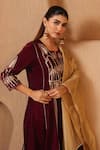 Nero India_Wine Velvet Gota Patti, Embroidery Split V-neck Work Yoke Anarkali And Pant Set _at_Aza_Fashions