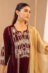 Shop_Nero India_Wine Velvet Gota Patti, Embroidery Split V-neck Work Yoke Anarkali And Pant Set 