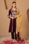 Buy_Nero India_Wine Velvet Gota Patti, Embroidery Split V-neck Work Yoke Anarkali And Pant Set _at_Aza_Fashions