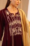 Nero India_Wine Velvet Gota Patti, Embroidery Split V-neck Work Yoke Anarkali And Pant Set _Online