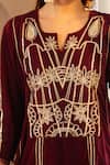 Shop_Nero India_Wine Velvet Gota Patti, Embroidery Split V-neck Work Yoke Anarkali And Pant Set _Online