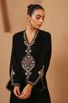 Nero India_Black Velvet Embroidery, Beads V-neck Dori Kurta And Narrow Pant Set _at_Aza_Fashions
