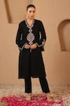Buy_Nero India_Black Velvet Embroidery, Beads V-neck Dori Kurta And Narrow Pant Set _at_Aza_Fashions