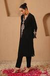 Nero India_Black Velvet Embroidery, Beads V-neck Dori Kurta And Narrow Pant Set _Online