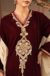 Shop_Nero India_Wine Velvet Embroidery, Beads V-neck Dori Kurta And Narrow Pant _Online_at_Aza_Fashions