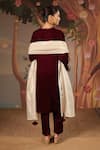 Shop_Nero India_Wine Velvet Embroidery, Beads V-neck Dori Kurta And Narrow Pant 