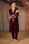 Nero India_Wine Velvet Embroidery, Beads V-neck Dori Kurta And Narrow Pant _Online