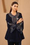 Buy_Nero India_Navy Velvet Zari, Beads, Lace Round Neck Work Tunic And Narrow Pant Set _Online_at_Aza_Fashions