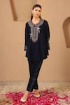 Buy_Nero India_Navy Velvet Zari, Beads, Lace Round Neck Work Tunic And Narrow Pant Set _at_Aza_Fashions