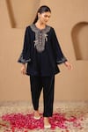 Shop_Nero India_Navy Velvet Zari, Beads, Lace Round Neck Work Tunic And Narrow Pant Set 