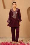 Buy_Nero India_Wine Velvet Zari, Beads, Lace V-neck Embroidered Scallop Tunic And Narrow Pants _at_Aza_Fashions
