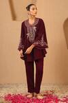Shop_Nero India_Wine Velvet Zari, Beads, Lace V-neck Embroidered Scallop Tunic And Narrow Pants _Online_at_Aza_Fashions
