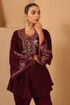 Nero India_Wine Velvet Zari, Beads, Lace V-neck Embroidered Scallop Tunic And Narrow Pants _at_Aza_Fashions