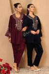 Buy_Nero India_Wine Velvet Zari, Beads, Lace V-neck Embroidered Scallop Tunic And Narrow Pants 