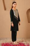 Nero India_Emerald Green Velvet Beads, Embroidery, Petal Floral Beaded Tunic And Narrow Pant _at_Aza_Fashions