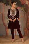 Buy_Nero India_Maroon Velvet Beads, Embroidery, Petal Floral Beaded Tunic And Narrow Pants _at_Aza_Fashions