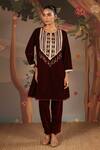 Shop_Nero India_Maroon Velvet Beads, Embroidery, Petal Floral Beaded Tunic And Narrow Pants _Online_at_Aza_Fashions