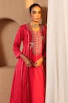 Shop_Nero India_Fuchsia Silk, Chanderi Embroidery, Zari, Beads Anarkali Kurta And Flared Pant Set _Online_at_Aza_Fashions