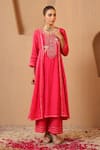 Nero India_Fuchsia Silk, Chanderi Embroidery, Zari, Beads Anarkali Kurta And Flared Pant Set _at_Aza_Fashions