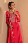 Shop_Nero India_Fuchsia Silk, Chanderi Embroidery, Zari, Beads Anarkali Kurta And Flared Pant Set 