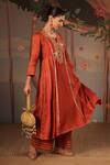 Nero India_Rust Silk, Chanderi Embroidery, Beads Split V-neck Anarkali Flared Pant Set _at_Aza_Fashions