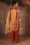 Nero India_Orange Tissue Zari, Applique, Embroidery Mandarin Collar, Split Kurta And Pants _Online_at_Aza_Fashions