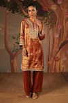 Shop_Nero India_Orange Tissue Zari, Applique, Embroidery Mandarin Collar, Split Kurta And Pants _Online_at_Aza_Fashions