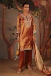 Nero India_Orange Tissue Zari, Applique, Embroidery Mandarin Collar, Split Kurta And Pants _at_Aza_Fashions