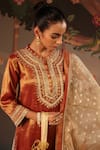 Buy_Nero India_Orange Tissue Zari, Applique, Embroidery Mandarin Collar, Split Kurta And Pants 