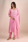 Samyukta Singhania_Pink Embroidery, Sequins, Metallic Thread V-neck Floral Yoke Kurta Set _Online_at_Aza_Fashions