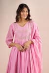 Shop_Samyukta Singhania_Pink Embroidery, Sequins, Metallic Thread V-neck Floral Yoke Kurta Set _Online_at_Aza_Fashions