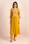 Buy_Samyukta Singhania_Yellow Embroidery V-neck Yoke Front Gathered Kurta Set _Online_at_Aza_Fashions