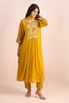 Shop_Samyukta Singhania_Yellow Embroidery V-neck Yoke Front Gathered Kurta Set _Online_at_Aza_Fashions